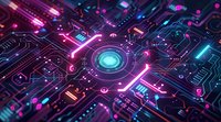 Futuristic circuit board with glowing neon pink and blue elements radiating from central core. Abstract technology background with digital paths and connections.