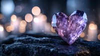 Purple crystal heart on dark textured surface with soft bokeh lights in background creates magical romantic atmosphere for Valentine's day and love concepts.