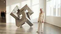 Young professional woman in beige suit admiring contemporary wooden geometric sculpture in modern art gallery with natural lighting and minimalist interior.