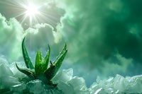Fresh aloe vera plant against dramatic green sky with sunburst and clouds, natural healing concept for wellness and alternative medicine background.