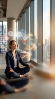 Calm businesswoman in a suit meditating in a modern office, surrounded by floating clocks and email icons, symbolizing work-life balance and stress relief.