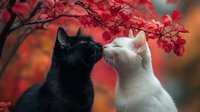 Two cats touching noses under red autumn leaves in romantic moment. Black and white felines showing affection outdoors during fall season with warm bokeh background.