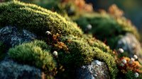Lush green moss growing on rocks in forest, illuminated by soft sunlight creating natural texture for environmental or nature conservation projects.