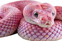Pink scaled snake with iridescent scales in macro photography showing detailed texture and patterns, focusing on head with piercing eyes and distinctive features.