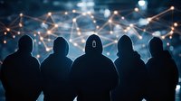 Mysterious silhouettes of hooded figures against glowing network connections background create dramatic cybersecurity concept. Dark atmosphere highlights digital threats.