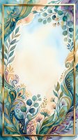 Watercolor floral frame with gold border, teal and pastel botanical leaves, swirls, and flowers surrounding a soft blank center for text or design.