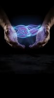 Male hands cupping glowing purple and blue energy waves on dark background representing healing power, magic, spirituality and supernatural abilities.