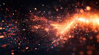 Abstract digital wave with glowing orange particles and light effects on dark background, futuristic technology concept for business presentations.