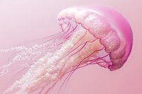 Luminescent jellyfish with flowing tentacles in soft pink and white tones against pastel background, creating ethereal underwater atmosphere. Delicate marine life study.