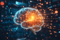 Digital brain visualization with glowing neural network and light rays on futuristic matrix background, representing artificial intelligence and machine learning.
