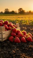 Fresh ripe strawberries in wooden crates on farmland during golden hour sunset. Organic fruit harvest season at agricultural field with warm lighting.