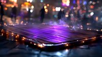 Wooden deck illuminated with purple lights and string lights at night, creating magical atmosphere for outdoor entertainment space.