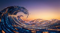 Digital wave made of binary code and data streams flowing against sunset sky background representing technology transformation and data flow concepts.