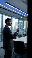 Professional businessman using holographic legal scales interface in modern office conference room with city skyline view and blue LED lighting.