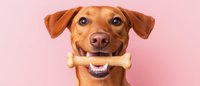Happy brown dachshund mix dog holding bone treat in mouth against pink background, showing playful expression and floppy ears in close-up portrait.