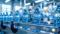 Plastic water bottles on conveyor belt in beverage manufacturing facility with industrial production line equipment and bright lighting.