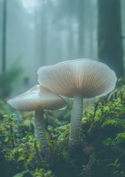 White mushrooms growing in misty forest environment, delicate gills visible beneath caps, surrounded by green moss and ferns in ethereal morning light.