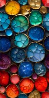 Colorful abstract pattern of circular shapes filled with vibrant oil and water mixture creating organic cellular textures in blue, red, yellow and turquoise tones.