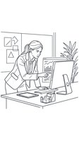 Professional woman with headband working at desktop computer in modern office workspace with plants and design tools.