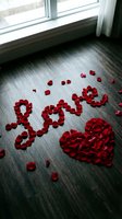 Red rose petals arranged in the word love with a heart shape on a dark wooden floor near a window, romantic Valentine's Day decor.