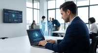 Professional businessman working on laptop with cybersecurity interface in modern office environment with team members collaborating in background.