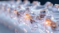Ethereal crystal glass shapes with glowing warm light effects create dreamy abstract macro composition with bokeh and reflections on blurred background.