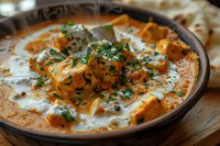 Creamy butter chicken curry with tender meat pieces garnished with fresh cilantro and yogurt sauce served in rustic bowl, close up view of traditional Indian food.