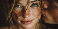 Young blonde woman with freckles and blue eyes smiling warmly in golden sunlight for beauty and skincare campaigns.