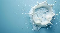 Milk splash crown formation with droplets on light blue background, dynamic liquid motion captured in high speed photography for dairy and beverage advertising.