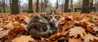 Tabby cat lying in autumn leaves in park surrounded by bare trees and fall foliage outdoors.
