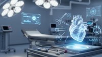 Modern operating room with holographic heart projection and digital medical interface technology for surgical planning and cardiovascular procedures.
