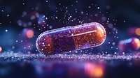 Glowing medical capsule pill with sparkles and bokeh effects on dark background, futuristic pharmaceutical concept for healthcare innovation.