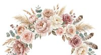 Watercolor floral arch with blush pink roses, peonies, pampas grass and eucalyptus leaves isolated on white background for wedding invitations and design.