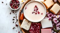 Handmade soap bars with rose petals, essential oil bottle and pink clay facial mask in ceramic bowl. Natural skincare and aromatherapy spa composition.