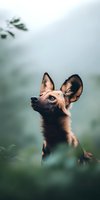 Portrait of alert African wild dog emerging from green foliage, head tilted upward with focused gaze and distinctive pointed ears against misty background.