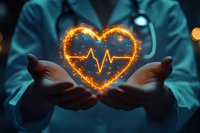 Medical professional in scrubs holding glowing heart with pulse line, symbolizing healthcare, healing and cardiology against dark background with bokeh lights.