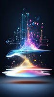Glowing abstract digital waves with circuit paths and light particles creating futuristic composition on dark background, modern technology concept.