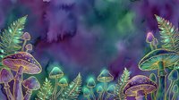 Enchanted forest floor with glowing mushrooms and ferns in mystical purple and green watercolor tones, suitable for fantasy backgrounds and magical themed designs.