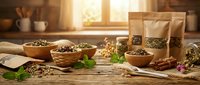 Assorted herbal tea blends in wooden bowls with kraft paper packages on rustic kitchen counter. Natural organic wellness ingredients for healthy lifestyle.