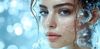 Young Caucasian woman with glowing skin and wet hair effect against blue bokeh background, decorated with magical white swirls and sparkles for beauty and fantasy concepts.