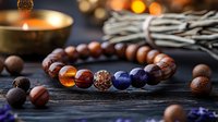 Healing bracelet with amber and lapis lazuli beads on dark wooden background with sage bundles and candle creating spiritual atmosphere for meditation practice.