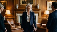 Senior businesswoman laughing during corporate meeting in elegant office with colleagues discussing strategy and leadership decisions.