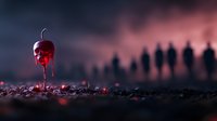 Red glowing crystal emerging from dark ground with silhouettes of mysterious figures in foggy background creating eerie supernatural atmosphere.