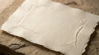 Handmade paper sheet with rough torn edges and natural texture on burlap fabric background for crafting and artistic projects.