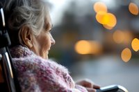 Senior Caucasian woman in wheelchair wearing cozy knit scarf gazes thoughtfully through window with soft golden bokeh lights creating peaceful, contemplative atmosphere.