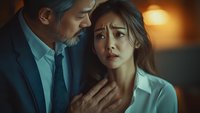 Mature businessman comforting distressed young Asian woman in dimly lit setting, emotional workplace drama scene with tension and concern.