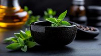 Fresh basil leaves in black stone bowl against dark background with olive oil bottle, minimalist food styling for restaurant menu and cooking blogs.