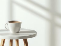 White ceramic cup of coffee on round wooden stool with soft window shadows creating minimalist morning atmosphere for lifestyle and home decor concepts.