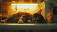 Sleepy gray tabby cat lying on counter in warm evening light with glowing lamp above, creating cozy atmospheric mood for lifestyle and pet photography.