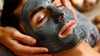 Young Asian woman receiving luxury spa facial treatment with black clay or charcoal mask application for deep pore cleansing and skin detoxification in wellness center.